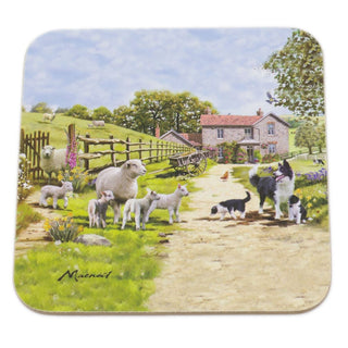 Set Of 4 Country Farmhouse Coasters | Collie & Sheep Drink Coasters Set | Countryside Cup Mug Table Mats