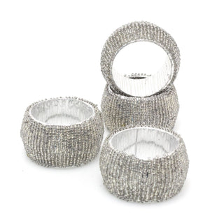Set Of 4 Deluxe Silver Napkin Rings | Chic Beaded Glass Christmas Napkin Holder | Wedding Serviette Rings Table Napkin Holder