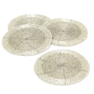 Set Of 4 Silver Glass Coasters | Chic Beaded Drinks Coaster Set | Round Cup Mug Glass Table Mats