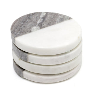 Set Of 4 Two Tone Natural Marble Coasters For Drinks ~ Round
