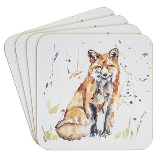 Set Of 4 Watercolour Design Woodland Fox Coasters | 4 Piece Animal Cork Square Coaster Set | Four Red Fox Wildlife Cup Mug Table Mats