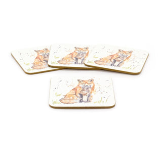Set Of 4 Watercolour Design Woodland Fox Coasters | 4 Piece Animal Cork Square Coaster Set | Four Red Fox Wildlife Cup Mug Table Mats