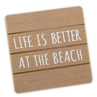 Set of 4 Wooden Seashore Coasters & Beach Hut Holder | Nautical Quotes Coasters
