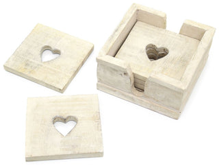 Set Of 6 Rustic White Washed Wooden Heart Table Drinks Coasters In Box
