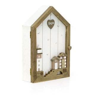 Shabby Chic Coastal Key Cabinet | Wall Mounted Wooden Seashore Key Box - 6 Hooks