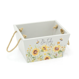 Shabby Chic Floral Bee Crate Hamper | Decorative Grey Bee Tidy Wooden Crate | Honey Bee Storage Box With Handles