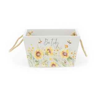 Shabby Chic Floral Bee Crate Hamper | Decorative Grey Bee Tidy Wooden Crate | Honey Bee Storage Box With Handles