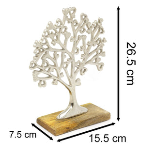 Small Elegant Silver Metal Tree Of Love Ornament On Mango Wood Base - 26.5cm