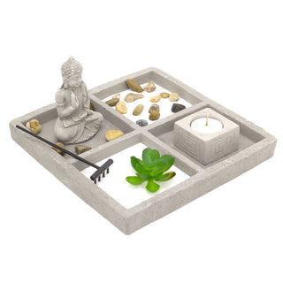 Stone Japanese Zen Garden Kit | Miniature Desktop Zen Garden Set Tealight Candle Holder | Meditation Accessories Buddha Ornaments