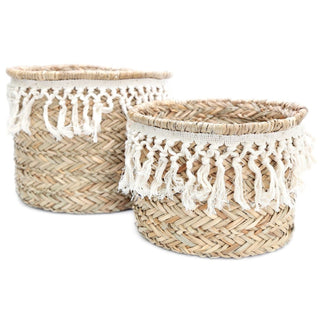 Stunning Set of 2 Woven Grass Baskets With Tassels ~ Home Storage Baskets