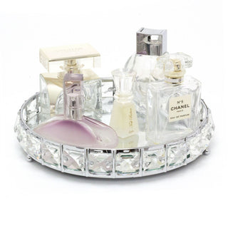 Stylish Round Silver Mirrored Display Dish | Diamante Decorative Metal Table Centerpiece | Perfume Jewellery Organiser Vanity Tray 21cm