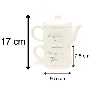 Tea for One Tea Set | Happiness is a Lovely Cup of Tea Nesting Teapot and Cup | Shabby Chic Stacking Tea Set