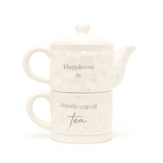 Tea for One Tea Set | Happiness is a Lovely Cup of Tea Nesting Teapot and Cup | Shabby Chic Stacking Tea Set