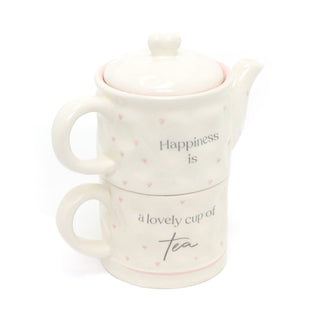 Tea for One Tea Set | Happiness is a Lovely Cup of Tea Nesting Teapot and Cup | Shabby Chic Stacking Tea Set