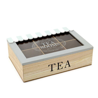 Tea Rooms Wooden Tea Box Caddy | 6 Compartment Tea Bag Storage Kitchen Organiser