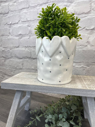 White Heart Polka Dot Ceramic Plant Pot Holder | Decorative Embossed Cachepot Planter | Indoor Planter Flower Pot
