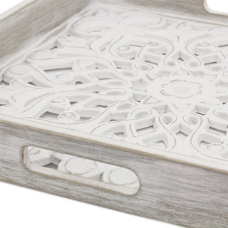 Whitewashed Carved Square Tray | Shabby Chic Display Tray | Ornate Wooden Tray - 36cm