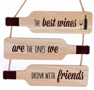 Wooden Bottle Shape Wine Quote Plaque Wall Hanging Sign 30cm ~ Drink With Friends