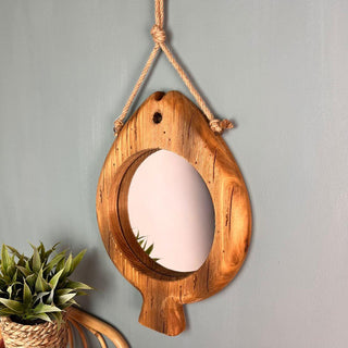 Wooden Fish Wall Mirror | Nautical Fish Shaped Hanging Mirror - Bathroom Decor