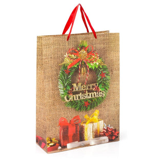 XL Extra Large Christmas Gift Bag 45 x 33cm | Traditional Christmas Wreath Glitter Paper Gift Bag | Christmas Present Bag Xmas Gift Bag